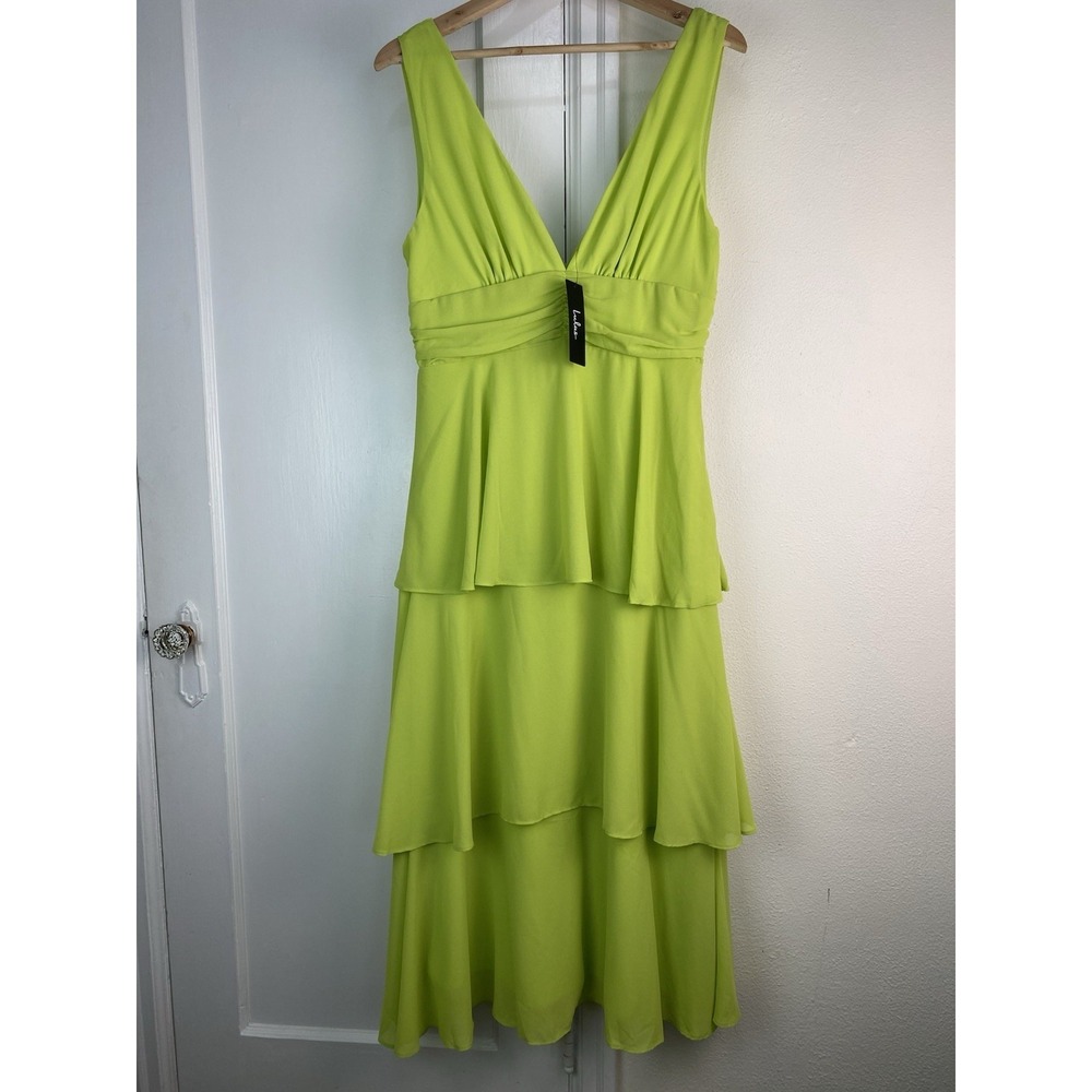 NWT Lulus L Lime Green Sleeveless Chiffon Tiered Ruffle Midi Dress - Picture 4 of 7